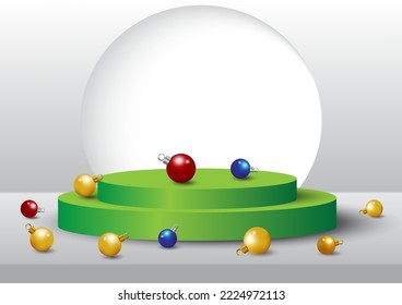 vector illustration display product background pastel abstract podium 3d circle geometric shape circle  white blue window white gray christmas ball red yellow orange podium green.