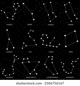 A vector illustration displaying all 12 zodiac constellations against a dark starry background. Ideal for astrology, horoscope, astronomy, and celestial-themed projects.