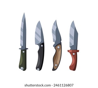 Vector Illustration Displaying Collection Of Four Hunting Knives, Each Featuring Unique Handle Designs And Blade Shapes
