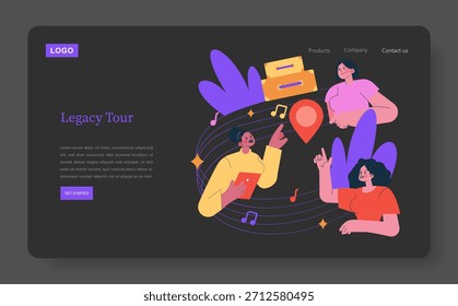 Ilustración vectorial que muestra una escena animada con tres personas participando en una sesión creativa de lluvia de ideas sobre un concepto de recorrido legado, con Elementos coloridos y movimientos dinámicos.