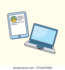 Ilustración vectorial que muestra una computadora portátil moderna junto a una tableta digital. Esta composición representa flujos de trabajo multidispositivo, compatibilidad multiplataforma, pruebas de Diseño web receptivas y el ecosistema digital moderno. Ideal para revisiones de tecnología, anuncios de desarrollo de software y Anuncios de tiendas electrónicas. Aislado sobre fondo blanco.