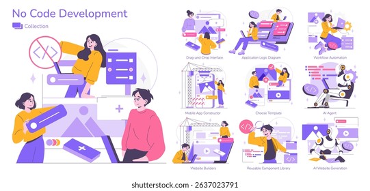 Vector illustration displaying no code development concepts with people interacting with digital interfaces. Highlights include drag-and-drop features, app constructors, and AI agents.
