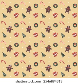 A Vector illustration displaying a pattern of gingerbread men, Christmas wreaths, and trees on a yellow background, ideal for holiday decorations and designs.