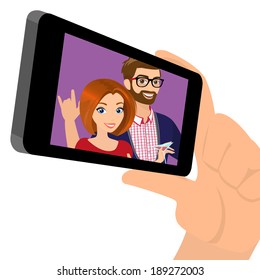 Vector illustration of displaying a snapshot of happy couple on the mobile phone.