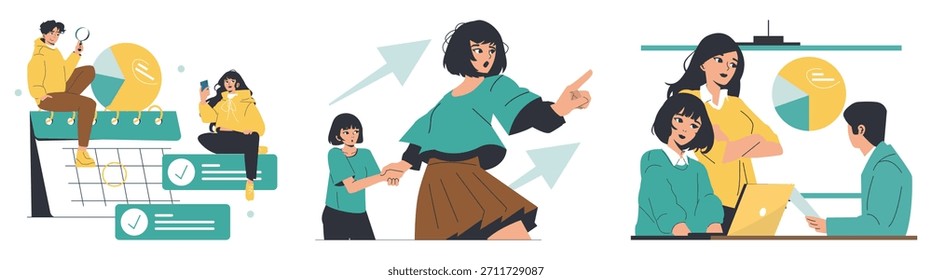 Ilustración vectorial que muestra el trabajo en equipo y las actividades de planificación. Una persona usa una lupa cerca de un calendario, un grupo analiza gráficos y sus colegas discuten estrategias juntos.