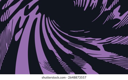 Vector illustration displays abstract, wavy black lines over a vibrant purple background. The image follows the optical art (op-art) style, which is popular for its bold, psychedelic patterns.