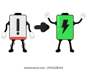 Vector illustration displays battery energy levels, from low red to full green, in an attractive cartoon style and flat design. Ideal for conveying energy concepts