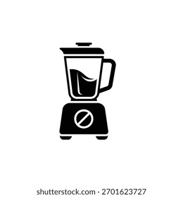 Vector illustration displays a blender, filled with liquid, presented in a minimalist black and white design. The graphic features clean lines and clear details.