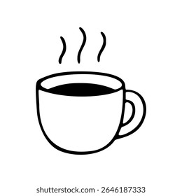 Vector illustration displays a cup of steaming hot coffee, black and white design, simple and clean hand drawn line art icon style
