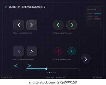 Vector illustration displays different slider interface elements. Various design styles like glassmorphism, industrial tech, neumorphic depth, and minimal accent are represented for user interfaces.