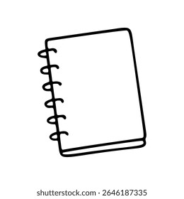 A vector illustration displays a hand drawn spiral notebook icon. The notebook has blank pages for writing notes, journal entries, lists, and any diary information