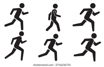 Una Ilustración vectorial muestra una secuencia de seis figuras de palo negro sobre un fondo blanco. Las figuras están dispuestas en dos filas de tres, que representan varias etapas de un ciclo de movimiento para correr o caminar. Las poses sugieren marcos para la animación, mostrando el movimiento de una zancada alta a una posición de agachada baja. Esta colección de pictogramas minimalistas es adecuada para su uso en proyectos de diseño, infografías o animación digital para representar conceptos como movimiento, ejercicio o progreso.