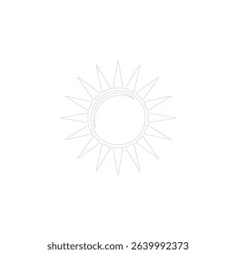 A vector illustration displays a simplistic white sun icon with radiating, sharp rays, contrasted against a pure white background, designed with minimalist outlines.