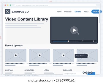 Die Vektorgrafik zeigt eine Schnittstelle für die Video-Inhaltsbibliothek mit Abschnitten für aktuelle Uploads. Benutzer können ganz einfach zur Ansicht und Vorschau von Videoinhalten navigieren.