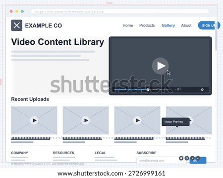 The vector illustration displays a video content library interface featuring sections for recent uploads. Users can easily navigate to view and preview video content.