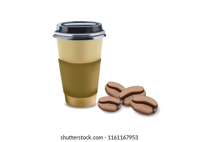 Vector illustration. disposable coffee cup icon with coffee beans on white background.
