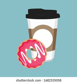 Icono de taza de café desechable con un donut dulce rosa sobre fondo azul