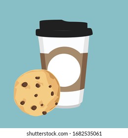 Ilustración vectorial taza de café desechable y galleta de chocolate sobre fondo azul. Logo del café
