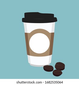 Icono de taza de café desechable con granos de café sobre fondo azul. Logo del café