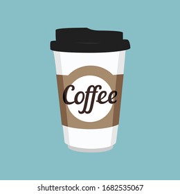 Vector illustration disposable coffee cup icon on blue background. Coffee cup logo