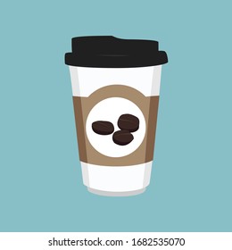 Vector illustration disposable coffee cup icon with coffee beans on blue background. Coffee cup logo