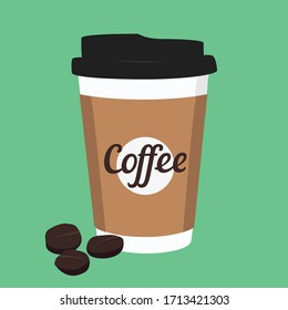 Vector illustration disposable coffee cup icon with coffee beans on green background. Coffee cup logo