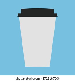 Vector illustration disposable coffee cup on blue background. Coffee cup logo flat vector icon