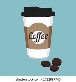 Icono de taza de café desechable con granos de café sobre fondo azul. Logo del café