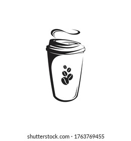 Vector illustration of a disposable coffee cup with beans logo on the side and hot steam coming out of the lid.