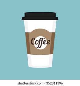 Vector illustration disposable coffee cup on blue background. Coffee cup logo