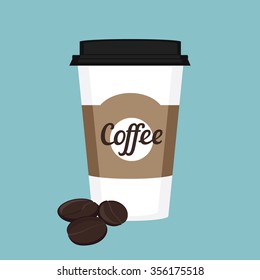 Vector illustration disposable coffee cup icon with coffee beans on blue background. Coffee cup logo