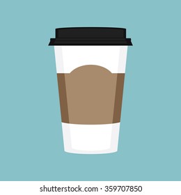 Vector illustration disposable coffee cup on blue background. Coffee cup logo