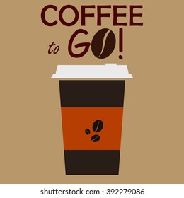 Vector illustration disposable coffee cup icon with coffee beans on brown background. Coffee cup logo
