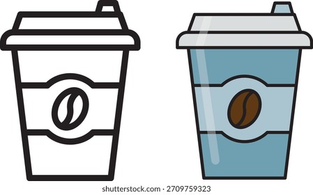 Vector illustration of disposable coffee cups in outline and colored styles with coffee bean symbol. Ideal for café branding, beverage icons, UI design, and coffee-themed educational or marketing visu