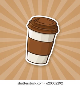 Vector illustration. Disposable paper cup with coffee or tea. Sticker in cartoon style with contour. Decoration for greeting cards, patches, prints for clothes, badges, posters, menus