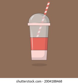 Vector illustration of a disposable red and pink  cup with a hook and a straw on a brown background