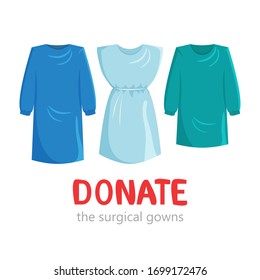 Vector illustration of disposable surgical gowns. Donating concept of medical wear in cartoon flat style. Set of uniforms for healthcare professionals. Humanitarian help in virus outbreak emergency