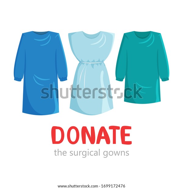Vector illustration of disposable surgical\
gowns. Donating concept of medical wear in cartoon flat style. Set\
of uniforms for healthcare professionals. Humanitarian help in\
virus outbreak\
emergency