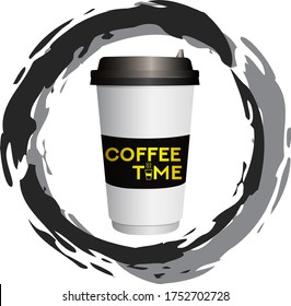 Ilustración vectorial de la taza de café blanca desechable con textura de mármol y logotipo. Tagline amarillo en una taza de café para llevarse.