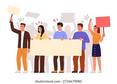 Ilustração vetorial de uma multidão insatisfeita de pessoas em uma manifestação. Cena de desenhos animados de irritados, irritados homens e mulheres de pé com cartazes, gritando, com as mãos levantadas isoladas no fundo branco.