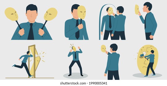 Vector illustration of dissociative personality disorder, impostor syndrome or split personality disorder. A man suffering from a mental disorder. Set of characters in a flat style.