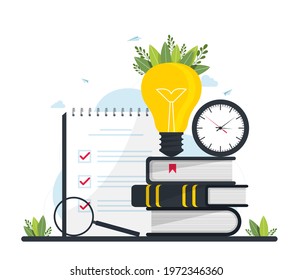 Vector illustration, distance education, online courses and business, education, online books and study guides, exam preparation, home teaching, clock with a magnifying glass and a stack of books