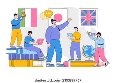 Vector illustration of distance learning, online learning, choice of language courses, exam preparation and home schooling with people characters.