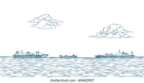 Vector illustration. In the distance, a tanker with cargo. Drawing by hand. Good background for wallpaper, web design, postcards, leaflets or other print production