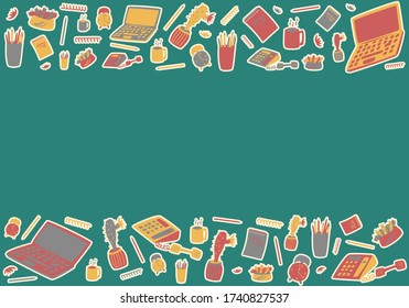 Vector illustration of distant education or work accessories for home office for advertisement, banner, web design, digital use or print. Flat drawn objects on green background with copy space
