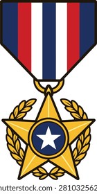 Vector illustration of a distinguished service medal, featuring a gold star, central blue and white star, laurel wreaths, and a patriotic red, white, and blue ribbon, symbolizing valor and honor.