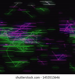 Vector Illustration of a distorted glitch background. Glitched glowing plexus structure in a style of 80's. Wallpaper in a cyberpunk style. Creative graphic design for poster,brochure,flyer and card.
