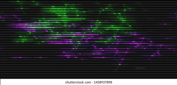 Vector Illustration of a distorted glitch background. Glitched glowing plexus structure in a style of 80's. Wallpaper in a cyberpunk style. Creative graphic design for poster,brochure,flyer and card.
