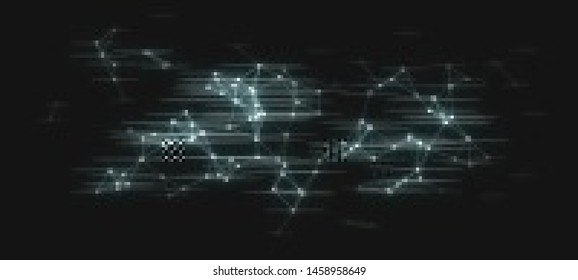 Vector Illustration of a distorted glitch background. Glitched glowing plexus structure in a style of 80's. Wallpaper in a cyberpunk style. Creative graphic design for poster,brochure,flyer and card.