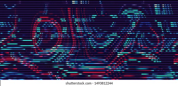 Vector Illustration of a distorted glitch background. Glitched techno pattern in a style of 80's. Wallpaper in a cyberpunk style. Creative graphic design for poster,brochure,flyer and card.